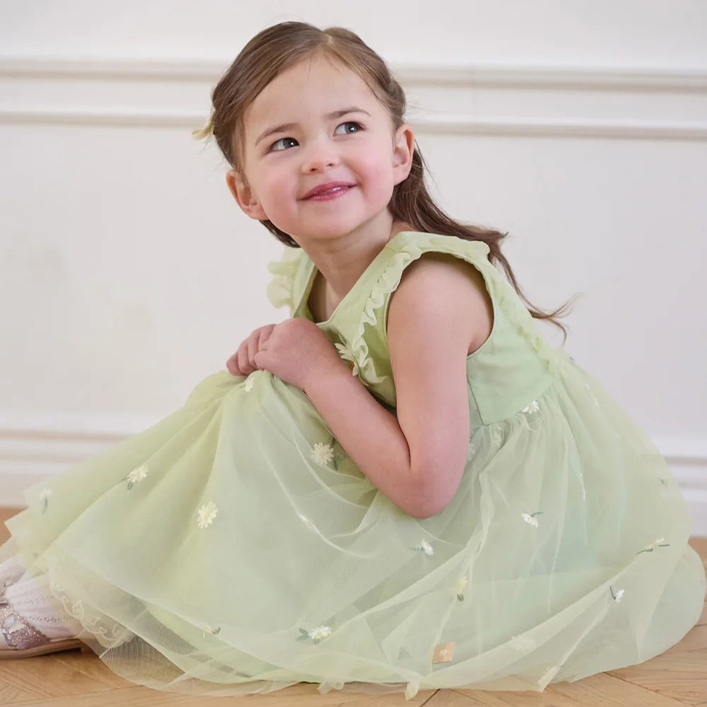 Girls Green Embroidered Mesh Dress
