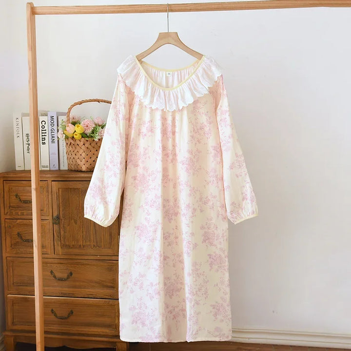 Women’s Pure Cotton Gauze Sleep Dress | جلابية بيت قطنية ناعمة بحافة دانتيل