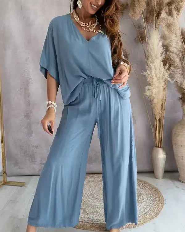 Women’s Casual 2-Piece Set | V-Neck Bat Sleeve Top & Wide-Leg Pants