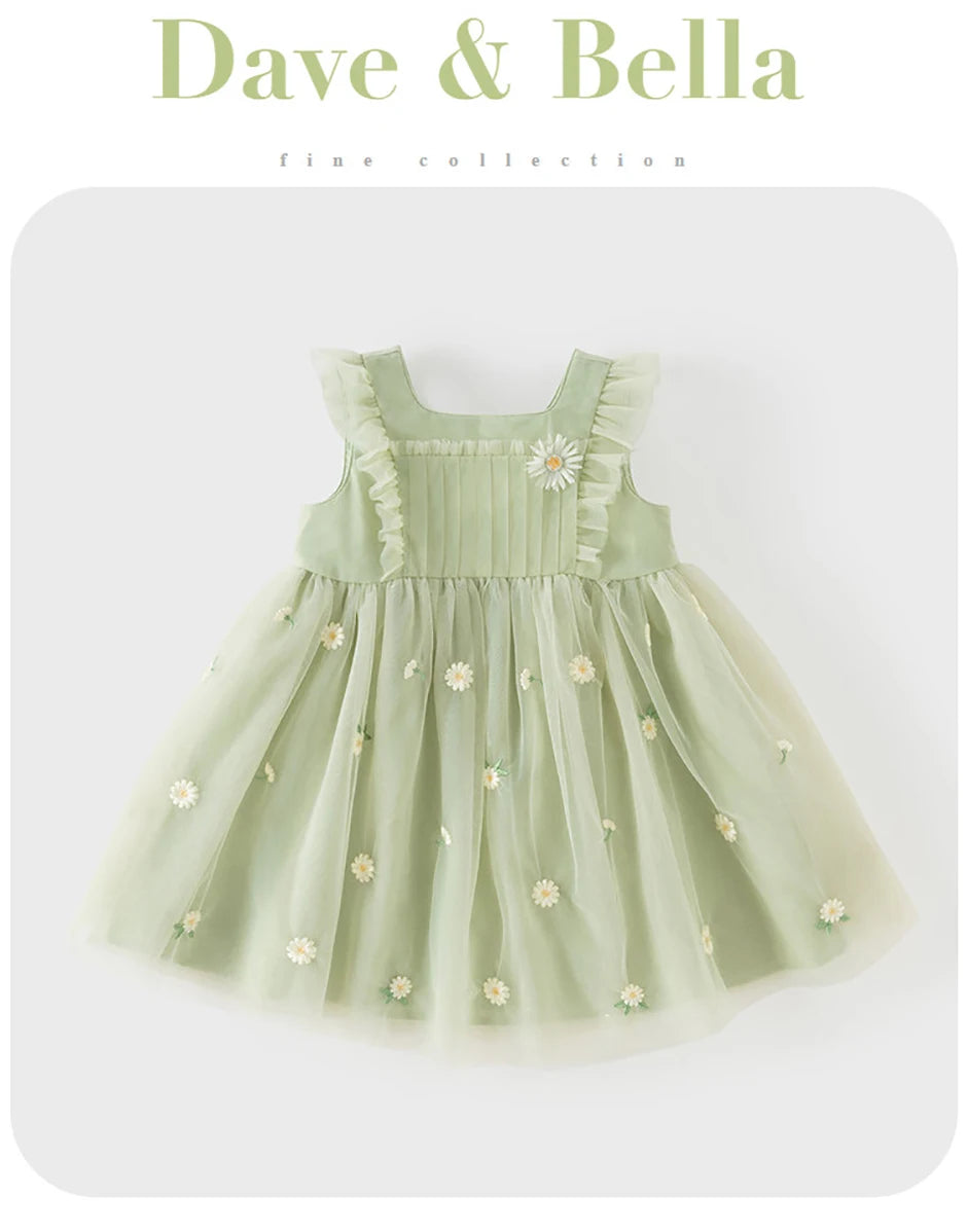 Girls Green Embroidered Mesh Dress