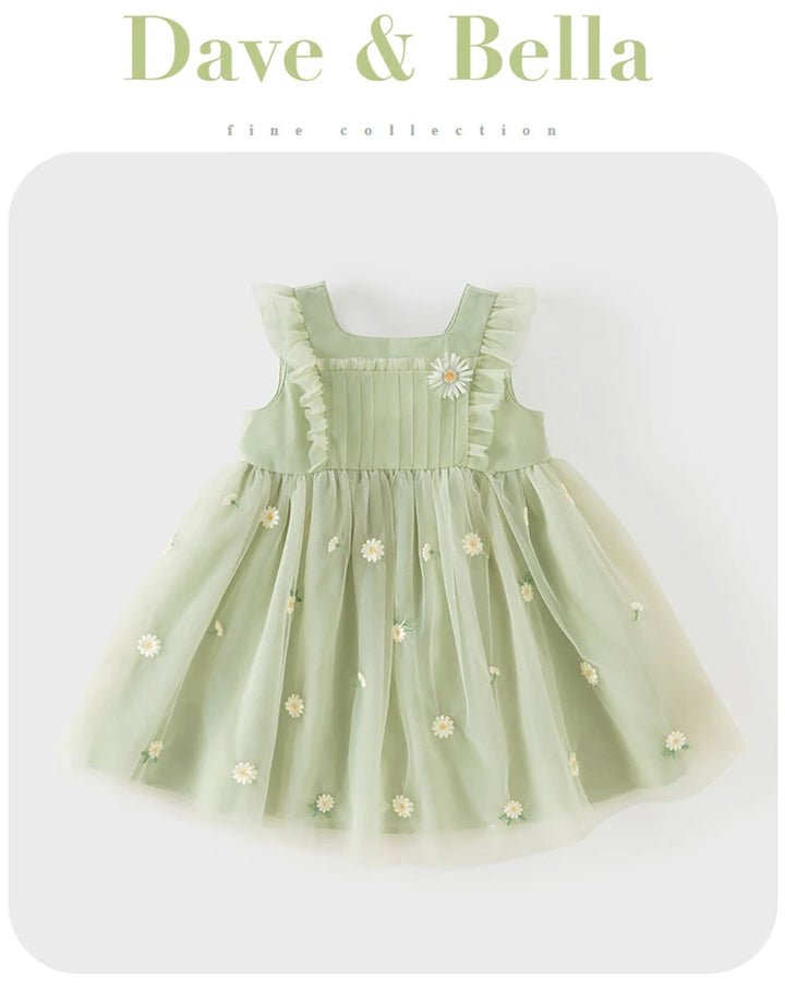 Girls Green Embroidered Mesh Dress