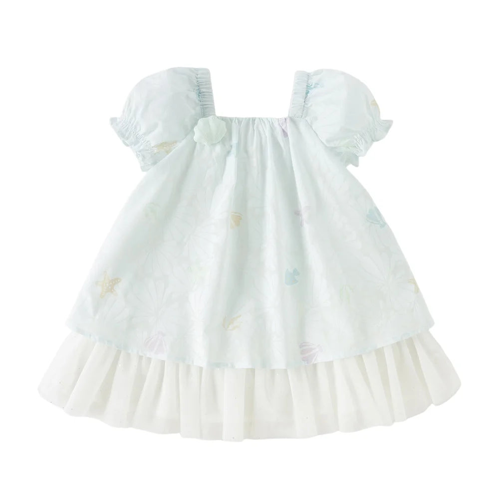 Girls Light Blue Printed Mesh Dress