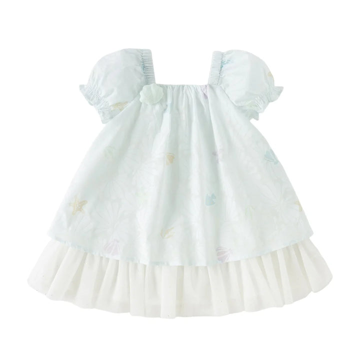 Girls Light Blue Printed Mesh Dress