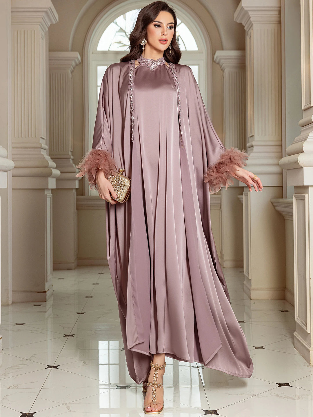 The Satin Feather Abaya Set