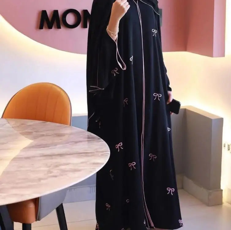 Women’s Open Abaya | Elegant Bow Embroidery Scarf Option Design