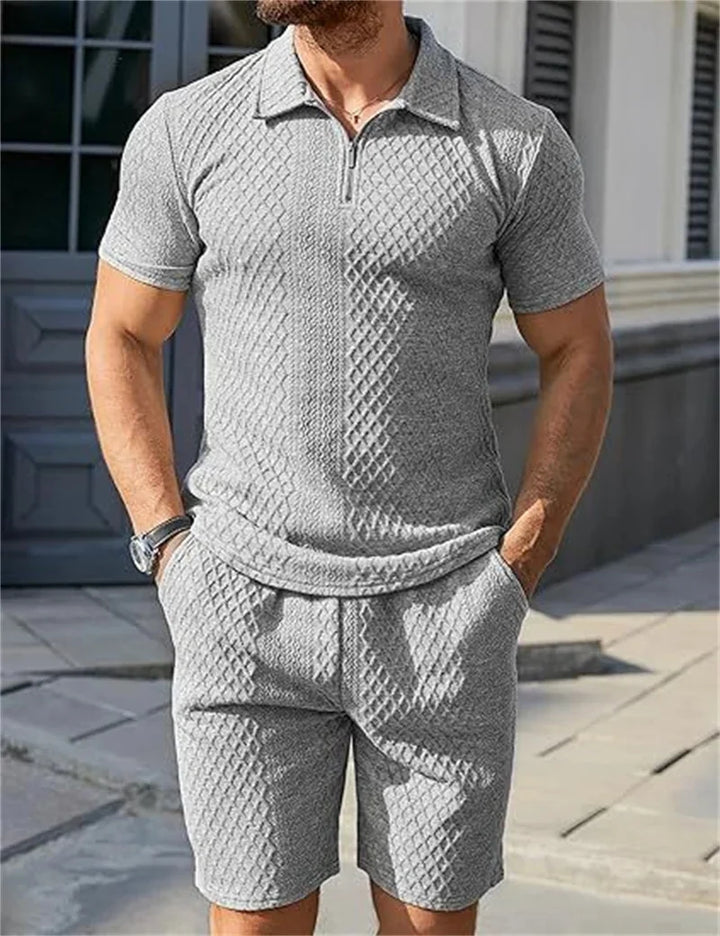 Men’s Jacquard Half-Zip Polo & Shorts Set | طقم رجالي بولو جاكار بسحاب وشورت