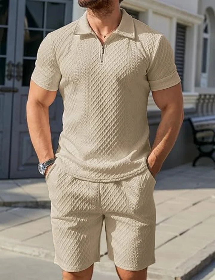Men’s Jacquard Half-Zip Polo & Shorts Set | طقم رجالي بولو جاكار بسحاب وشورت
