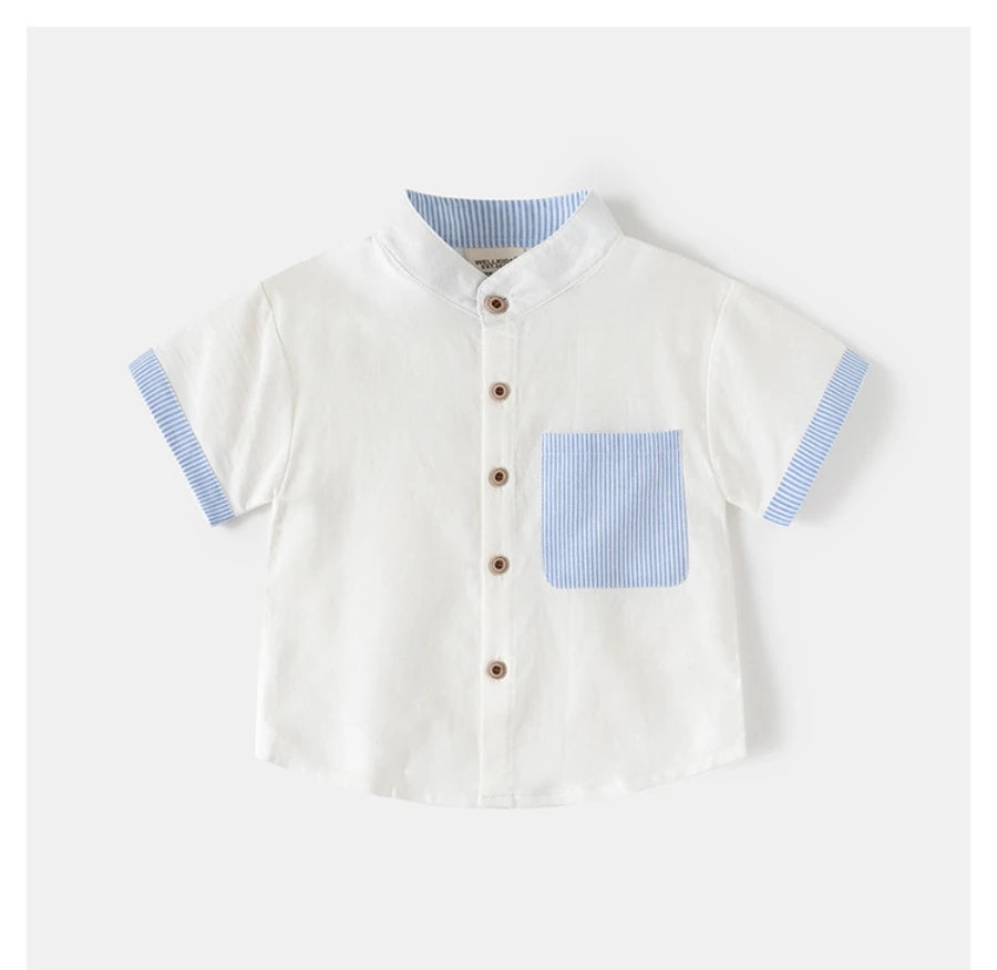 Boys’ 2T–6T Striped Mandarin Collar Shirt | قميص أطفال مخطط بياقة ماندارين لعمر ٢–٦ سنوات