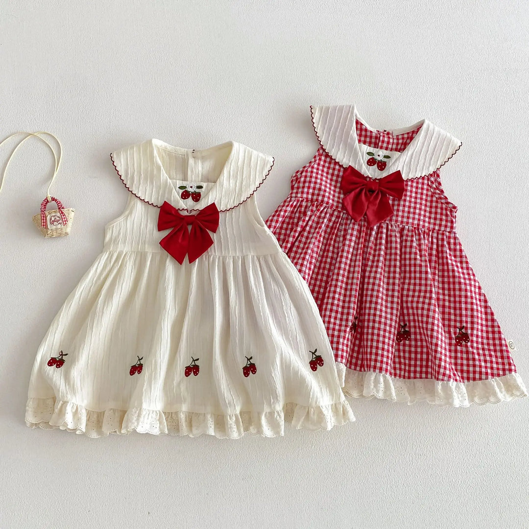 Girls Cherry Embroidered Check Dress