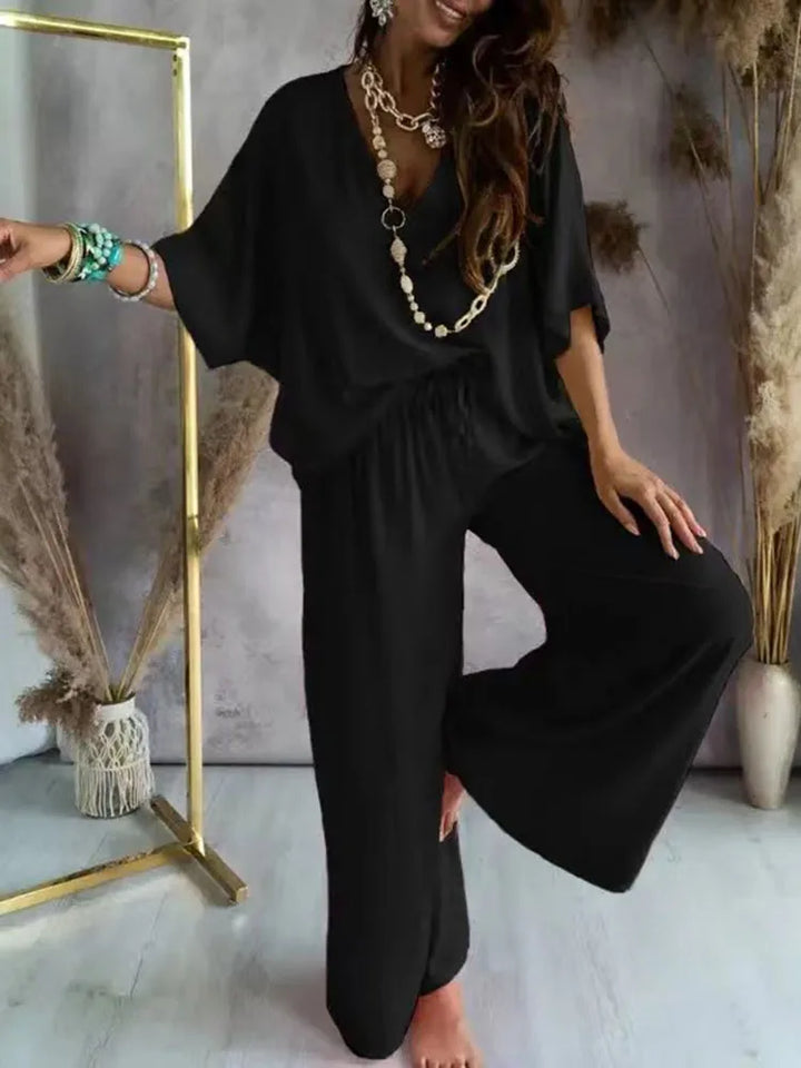Women’s Casual 2-Piece Set | V-Neck Bat Sleeve Top & Wide-Leg Pants