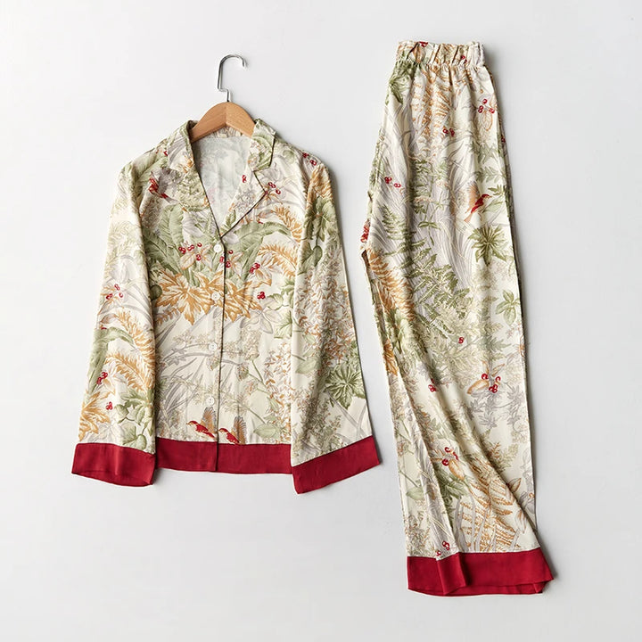 Women’s Satin Pajama Set | بيجامة ساتان نسائية للبيت - Green Print