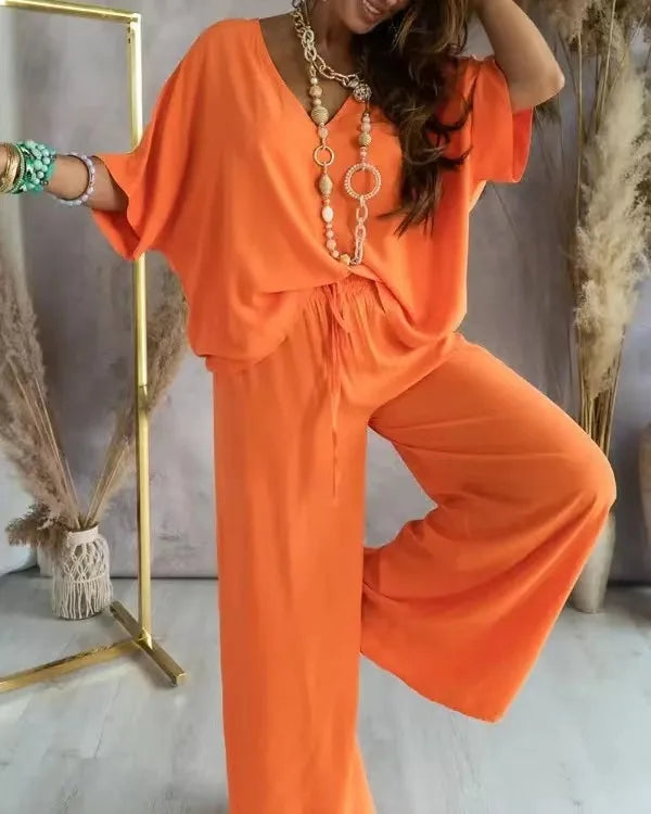Women’s Casual 2-Piece Set | V-Neck Bat Sleeve Top & Wide-Leg Pants