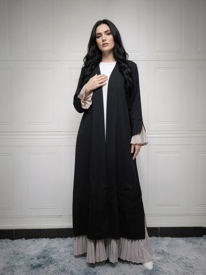 Abaya Pleated Patchwork Design | Muslim Women Open Front Long Kaftan