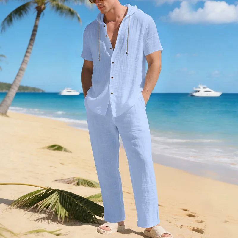 Men’s Linen Summer Set | Breathable Short Sleeve Shirt & Pants