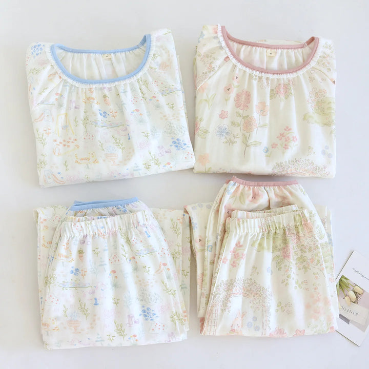Women’s Cotton Gauze Pajama Set | بيجامة قطنية نسائية للبيت - Lace Collar