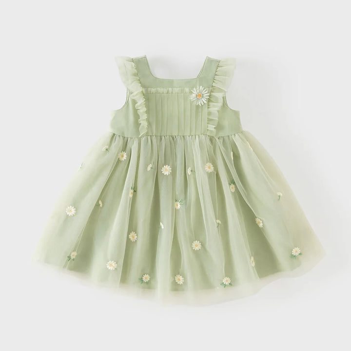 Girls Green Embroidered Mesh Dress