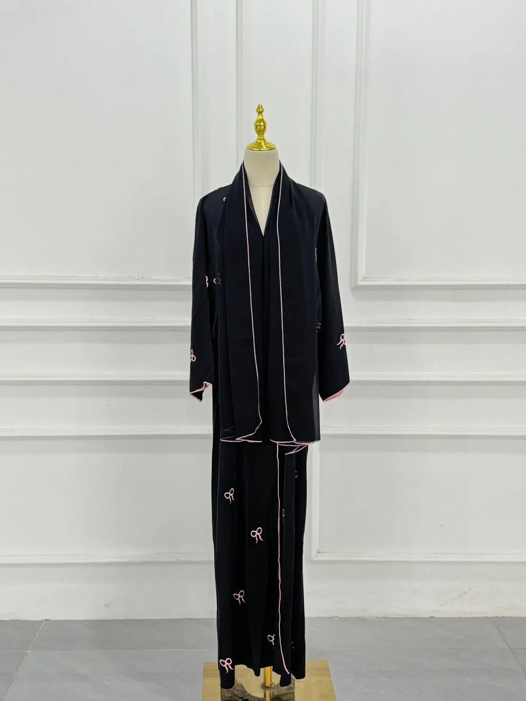 Women’s Open Abaya | Elegant Bow Embroidery Scarf Option Design