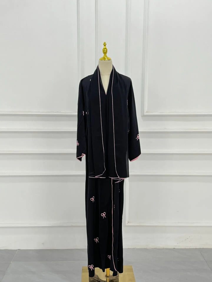 Women’s Open Abaya | Elegant Bow Embroidery Scarf Option Design