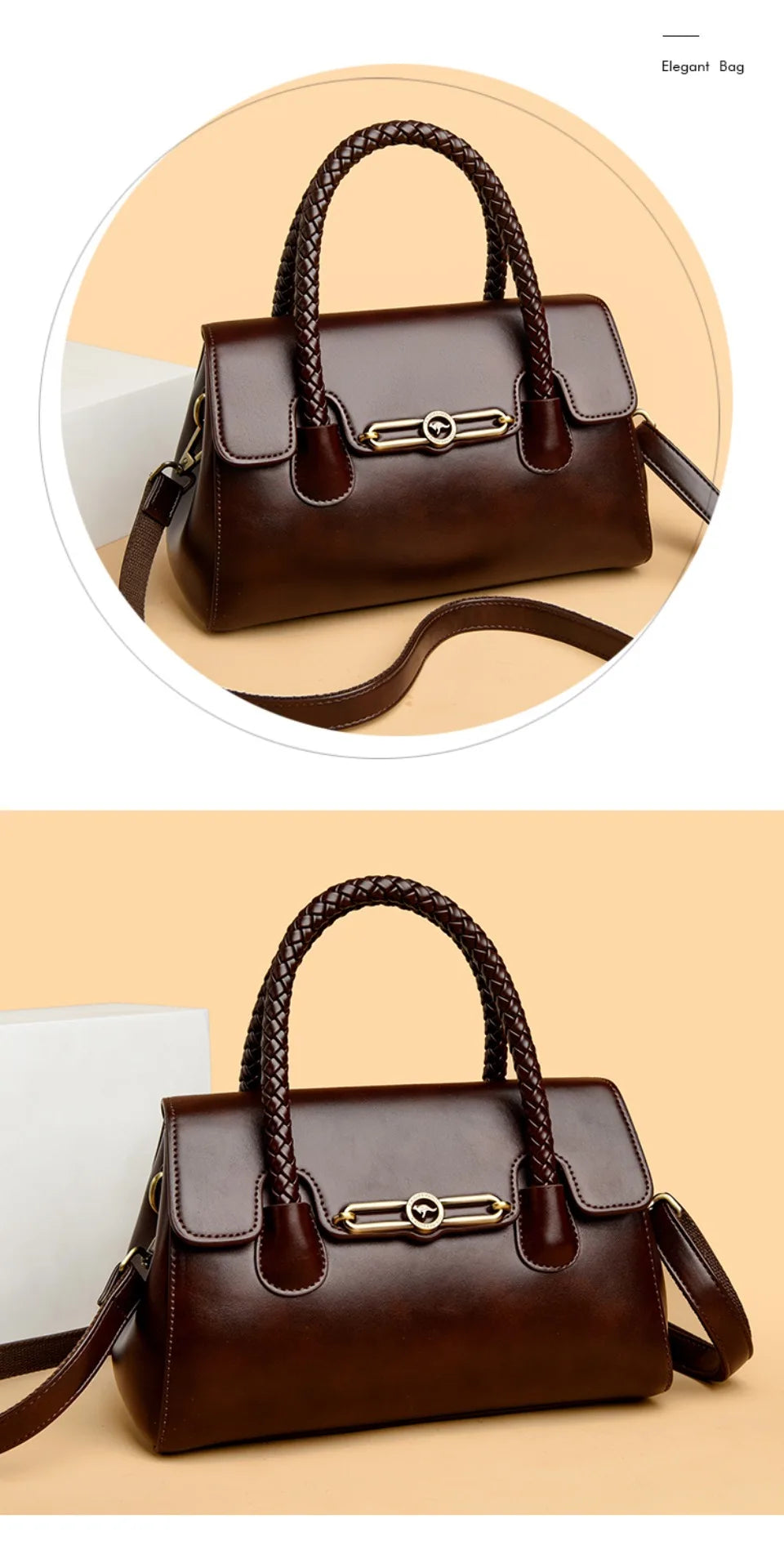 Women’s Woven-Handle Leather Handbag | حقيبة جلد نسائية بمقبض منسوج