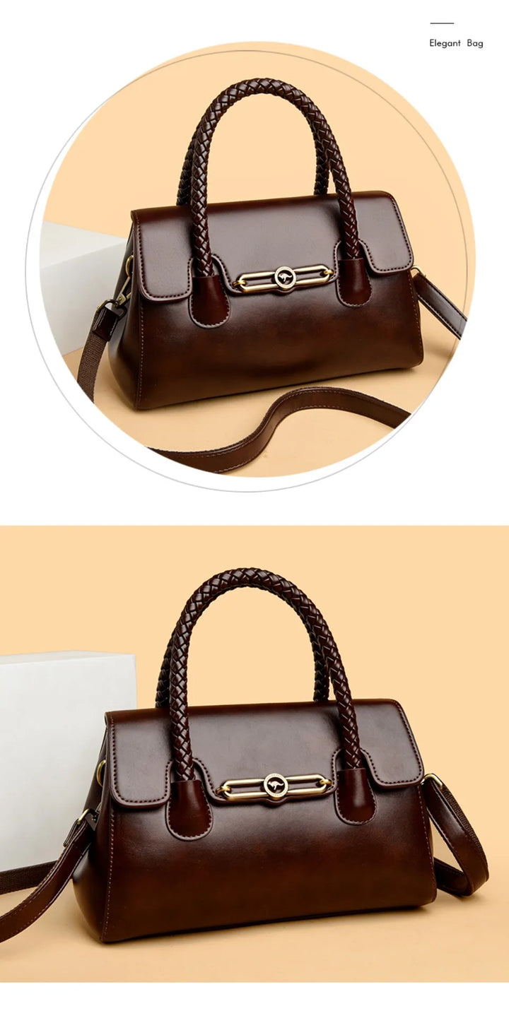 Women’s Woven-Handle Leather Handbag | حقيبة جلد نسائية بمقبض منسوج