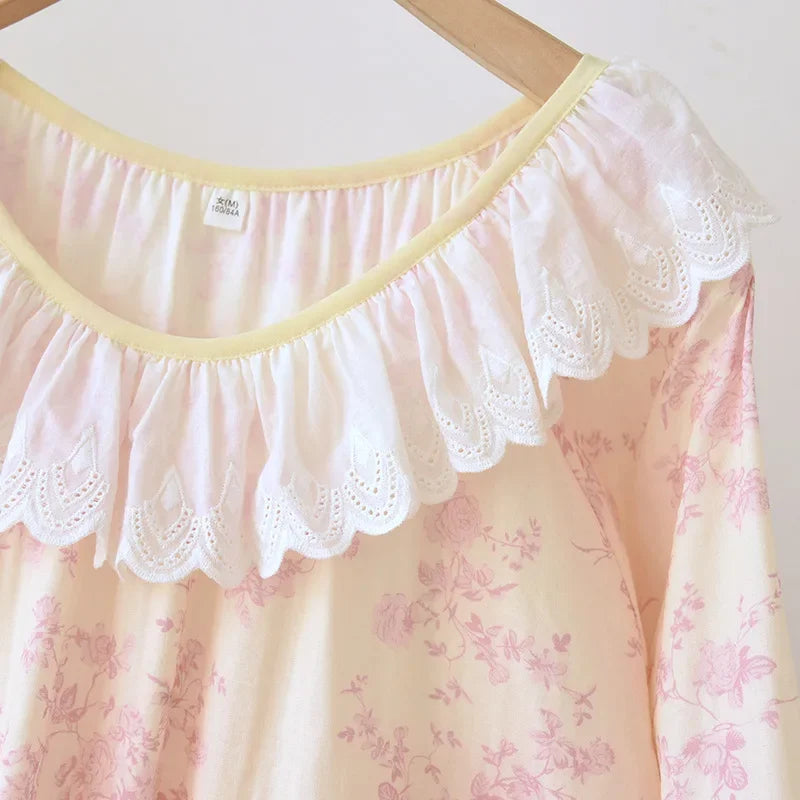 Women’s Pure Cotton Gauze Sleep Dress | جلابية بيت قطنية ناعمة بحافة دانتيل