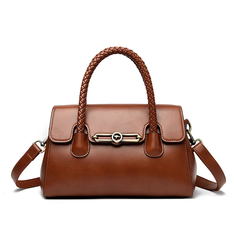 Women’s Woven-Handle Leather Handbag | حقيبة جلد نسائية بمقبض منسوج