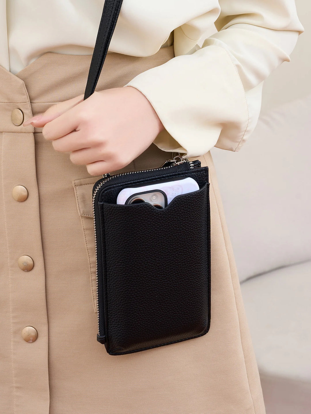 Women’s Litchi Pattern Crossbody Phone Bag | حقيبة هاتف نسائية كروس بودي بنقشة جلدية