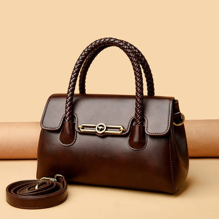Women’s Woven-Handle Leather Handbag | حقيبة جلد نسائية بمقبض منسوج