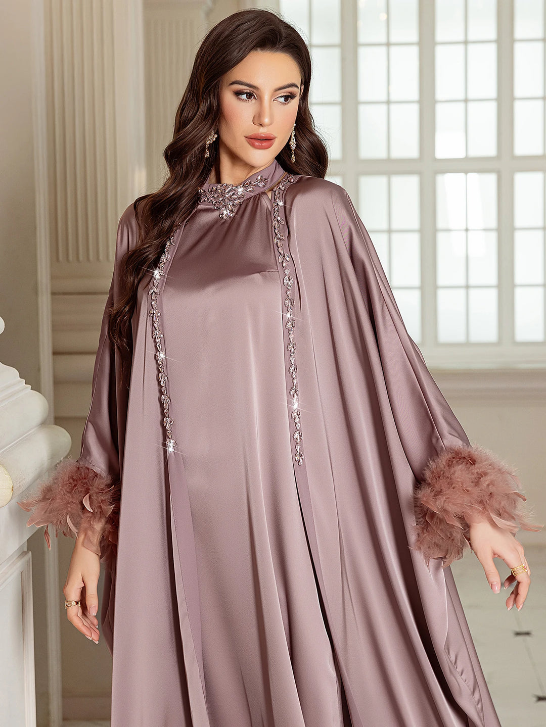 The Satin Feather Abaya Set