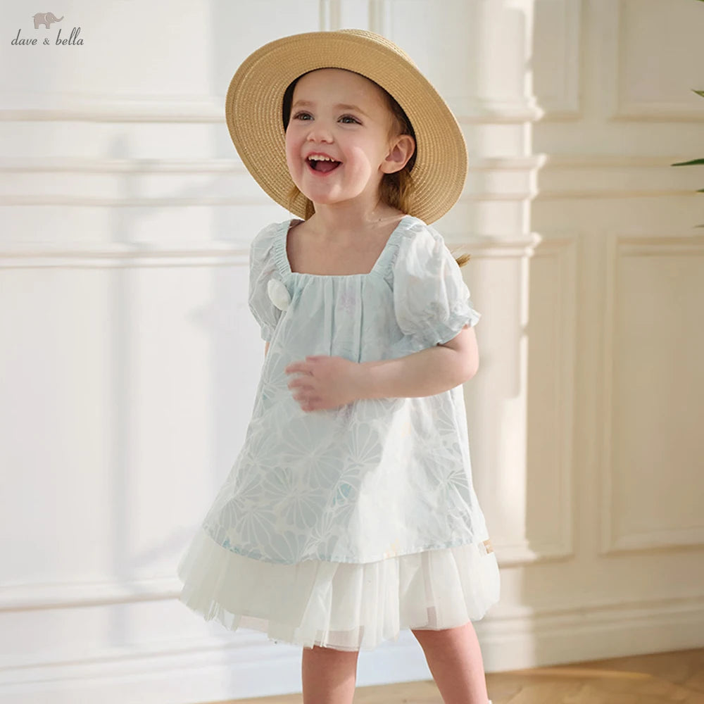 Girls Light Blue Printed Mesh Dress