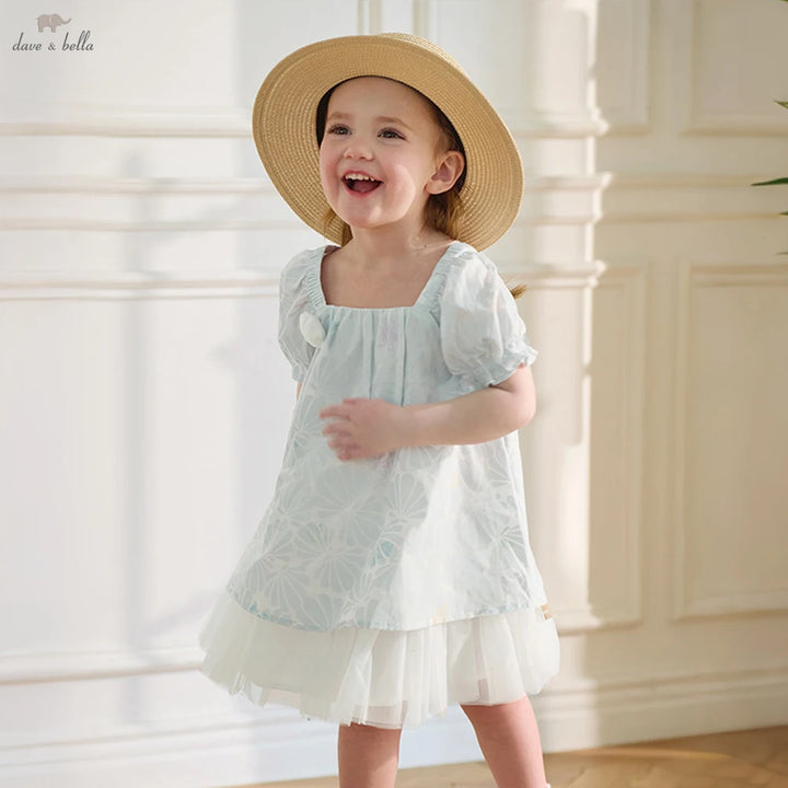 Girls Light Blue Printed Mesh Dress