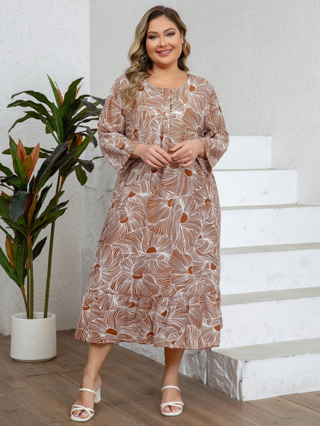 Women’s Plus Size Floral Lounge Dress | فستان بيت صيفي واسع - Brown
