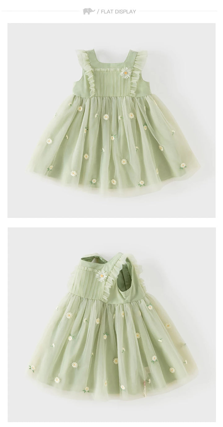 Girls Green Embroidered Mesh Dress