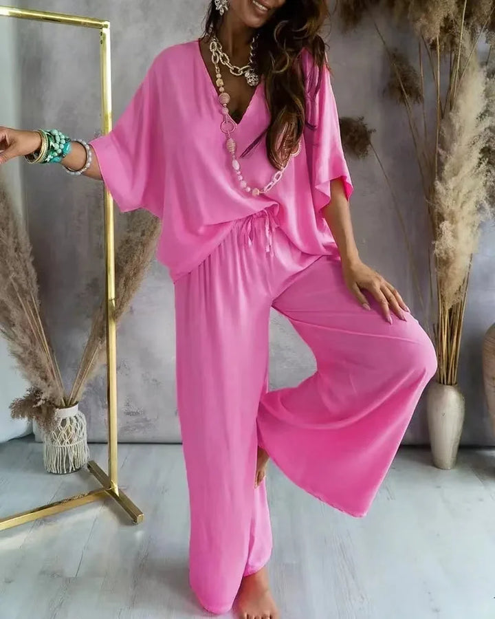 Women’s Casual 2-Piece Set | V-Neck Bat Sleeve Top & Wide-Leg Pants