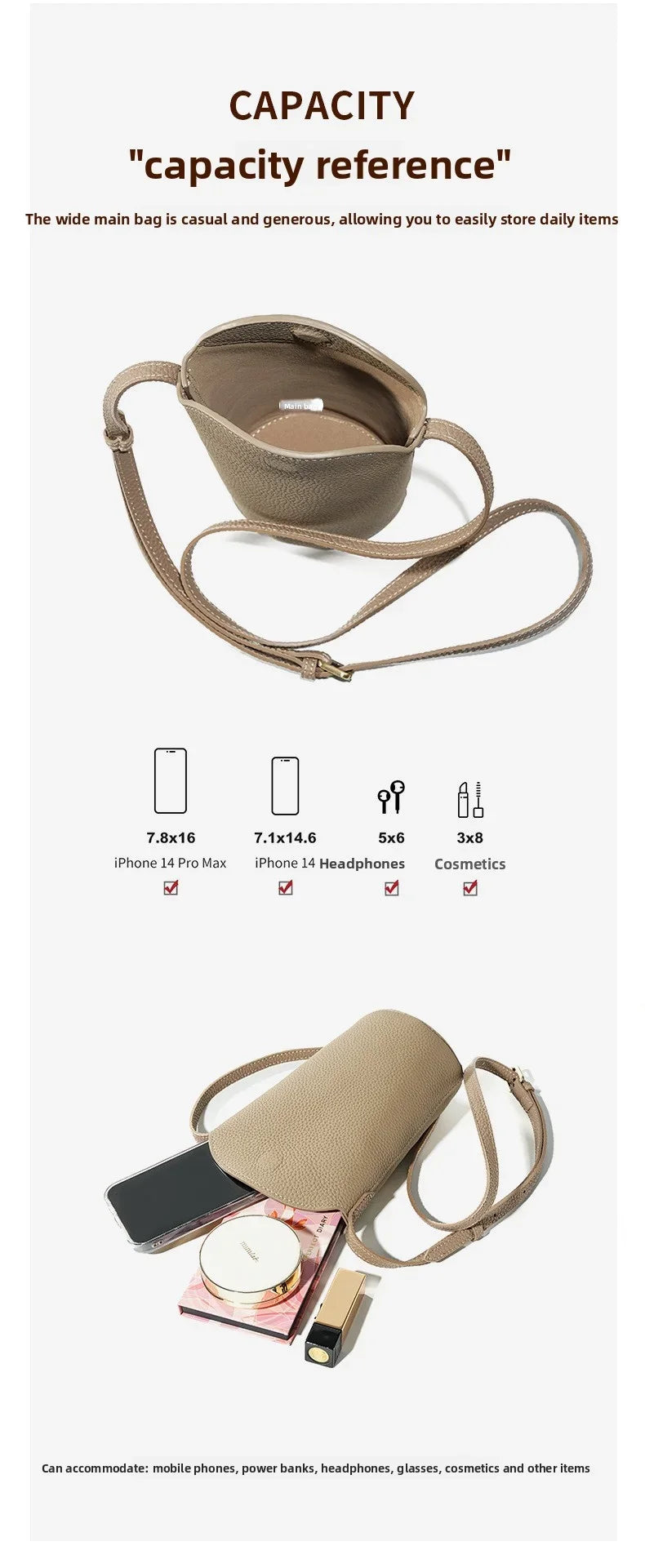 Women’s Top-Grain Leather Phone Crossbody Bag | حقيبة هاتف نسائية من الجلد الطبيعي الفاخر