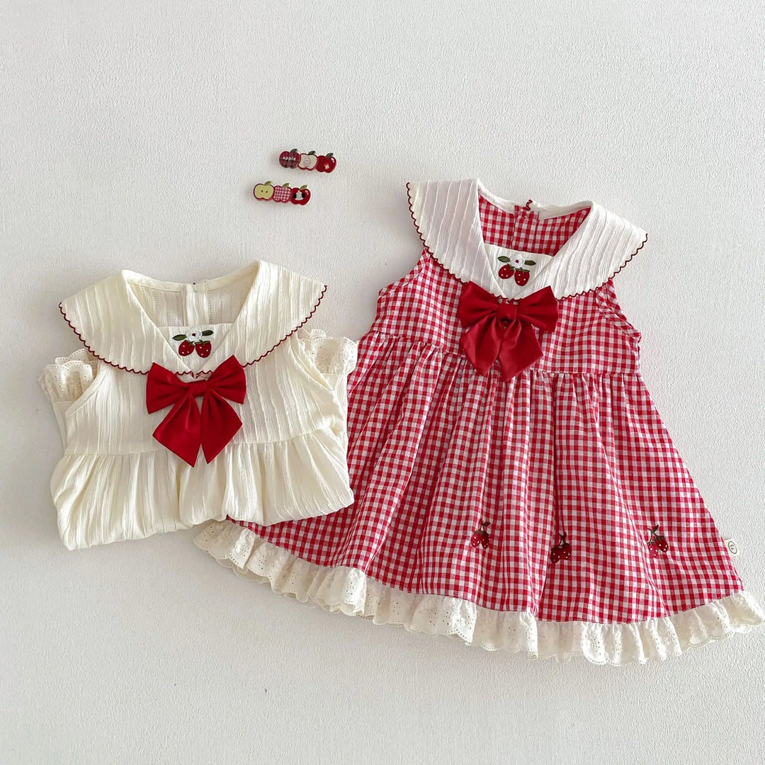 Girls Cherry Embroidered Check Dress