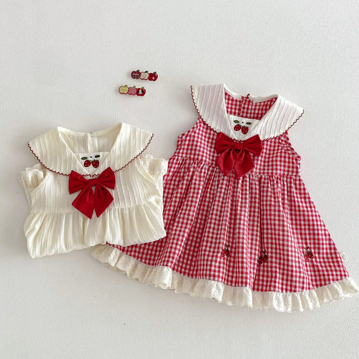 Girls Cherry Embroidered Check Dress