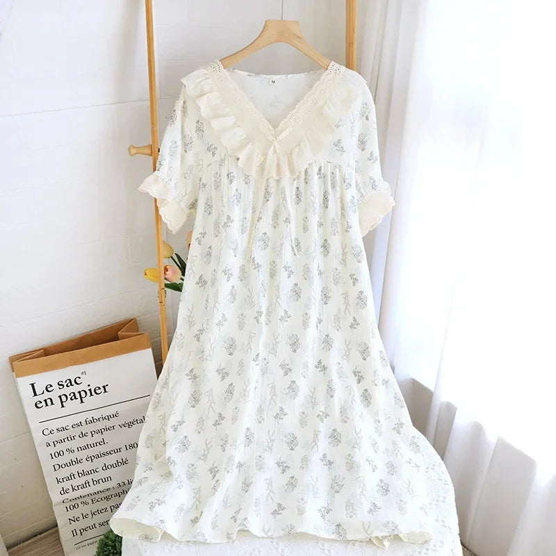 Women’s Cotton Gauze Sleep Dress | جلابية قطنية صيفية للبيت - Lace Trim