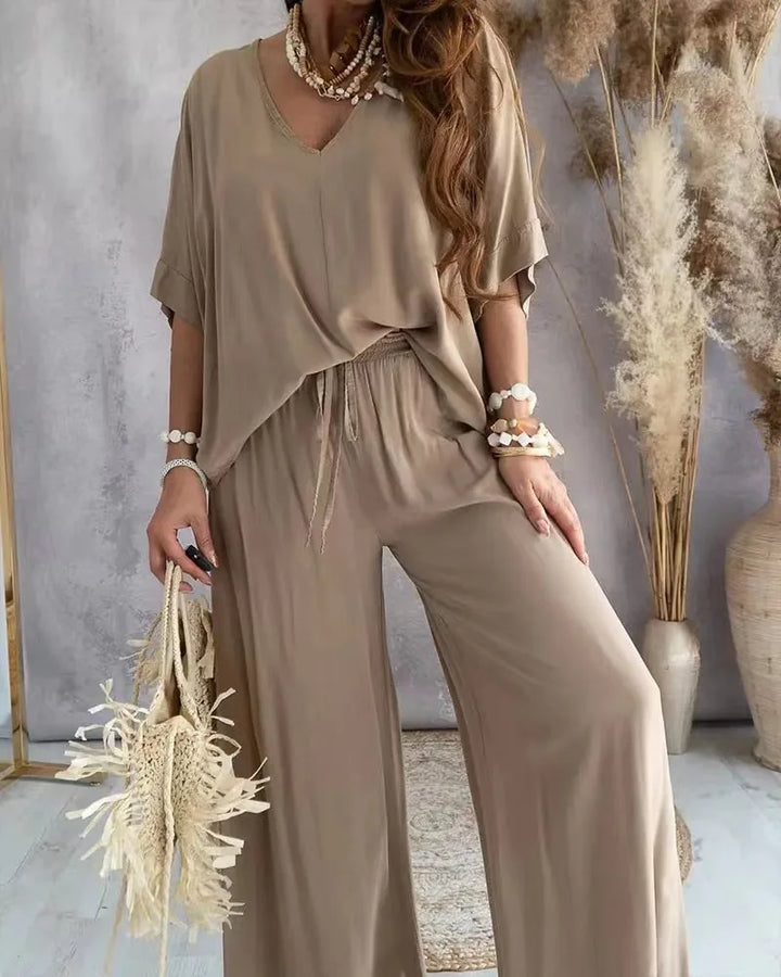 Women’s Casual 2-Piece Set | V-Neck Bat Sleeve Top & Wide-Leg Pants