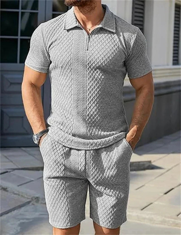 Men’s Jacquard Half-Zip Polo & Shorts Set | طقم رجالي بولو جاكار بسحاب وشورت