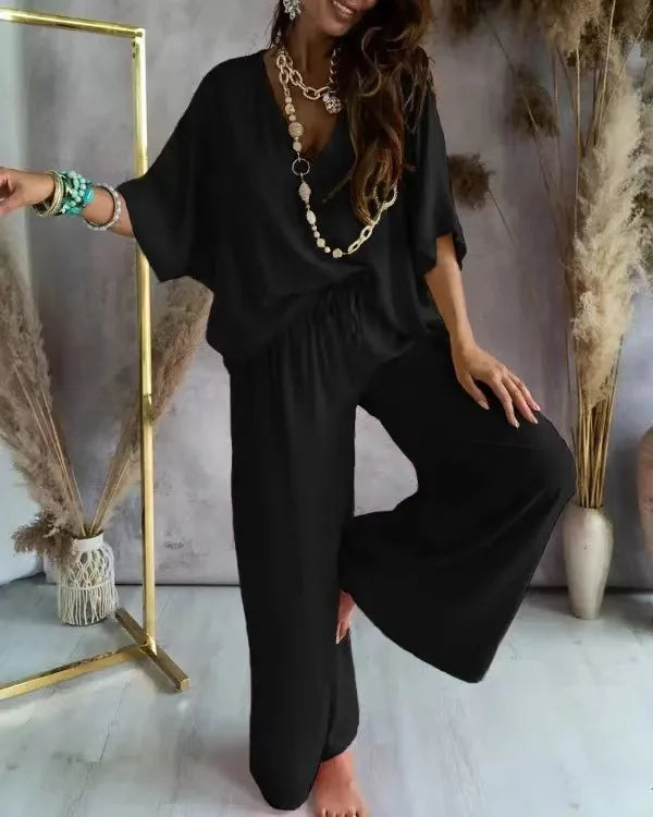 Women’s Casual 2-Piece Set | V-Neck Bat Sleeve Top & Wide-Leg Pants
