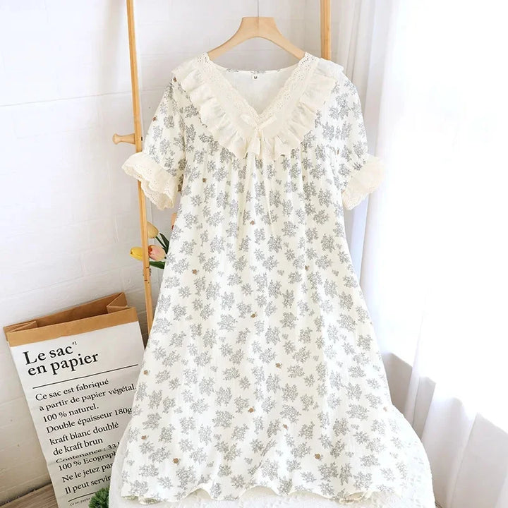 Women’s Cotton Gauze Sleep Dress | جلابية قطنية صيفية للبيت - Lace Trim