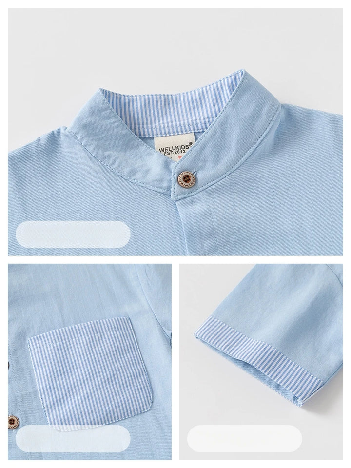 Boys’ 2T–6T Striped Mandarin Collar Shirt | قميص أطفال مخطط بياقة ماندارين لعمر ٢–٦ سنوات