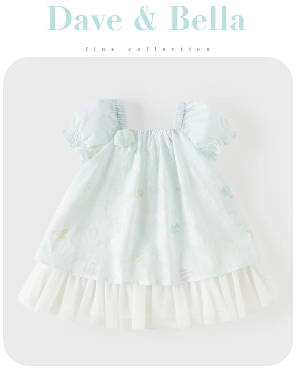 Girls Light Blue Printed Mesh Dress
