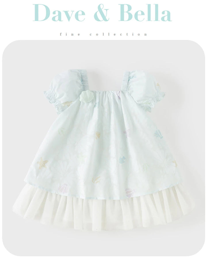 Girls Light Blue Printed Mesh Dress