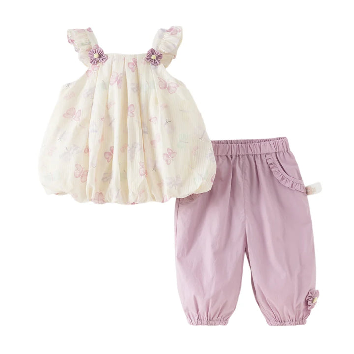 Girls Butterfly Print Summer Outfit Set