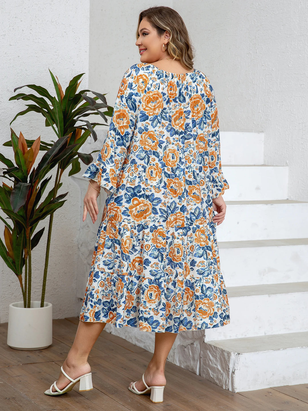Women’s Plus Size Floral Lounge Dress | فستان بيت صيفي واسع - Orange