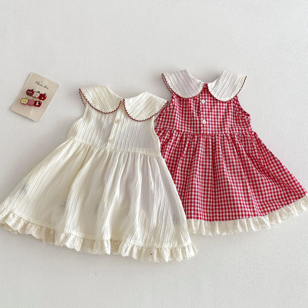 Girls Cherry Embroidered Check Dress