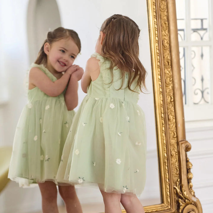 Girls Green Embroidered Mesh Dress