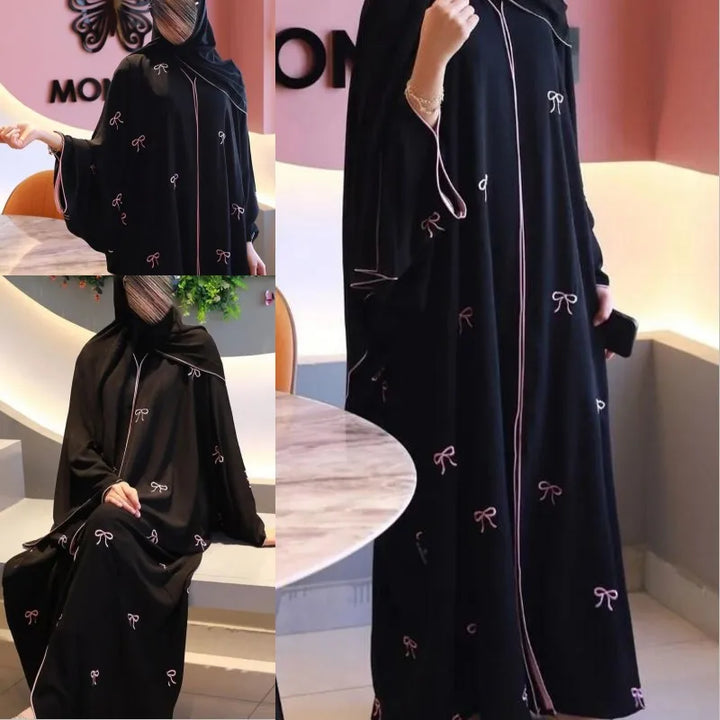 Women’s Open Abaya | Elegant Bow Embroidery Scarf Option Design